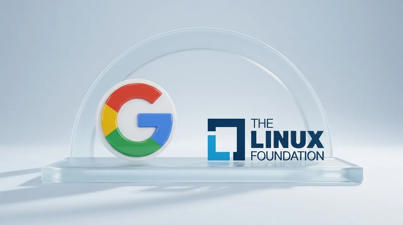Le logo Google et celui de la Linux Foundation posés sur une même dalle de verre, sous une arche commune, illustration éditoriale