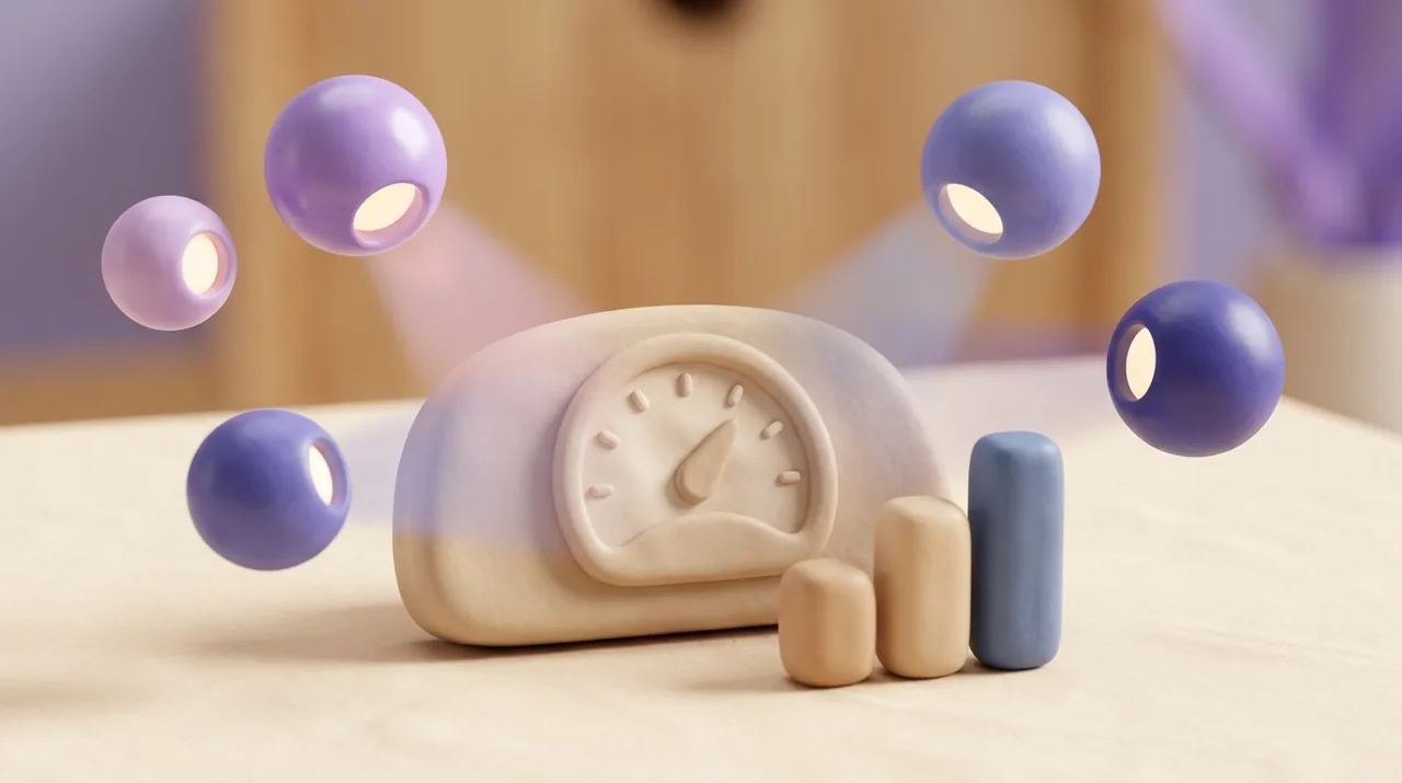 Un cadran de mesure en pâte à modeler entouré de sphères lumineuses qui l'observent, illustration