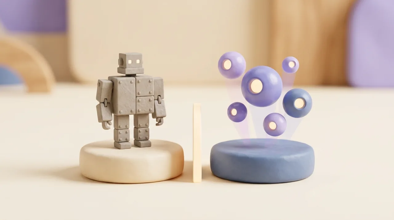 Un petit robot rigide en blocs gris face à un groupe de sphères lumineuses, chacun sur son socle, illustration