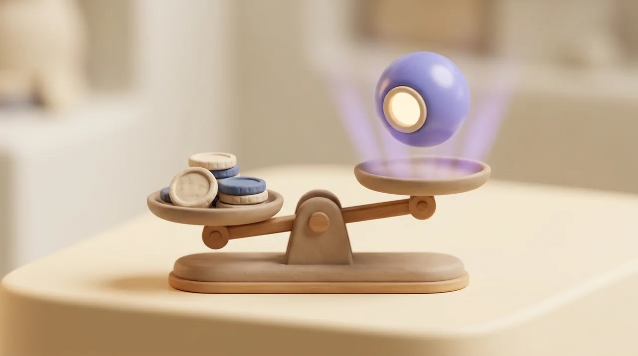 Une balance de marchand en pâte à modeler pèse une pile de pièces face à une sphère lumineuse, illustration